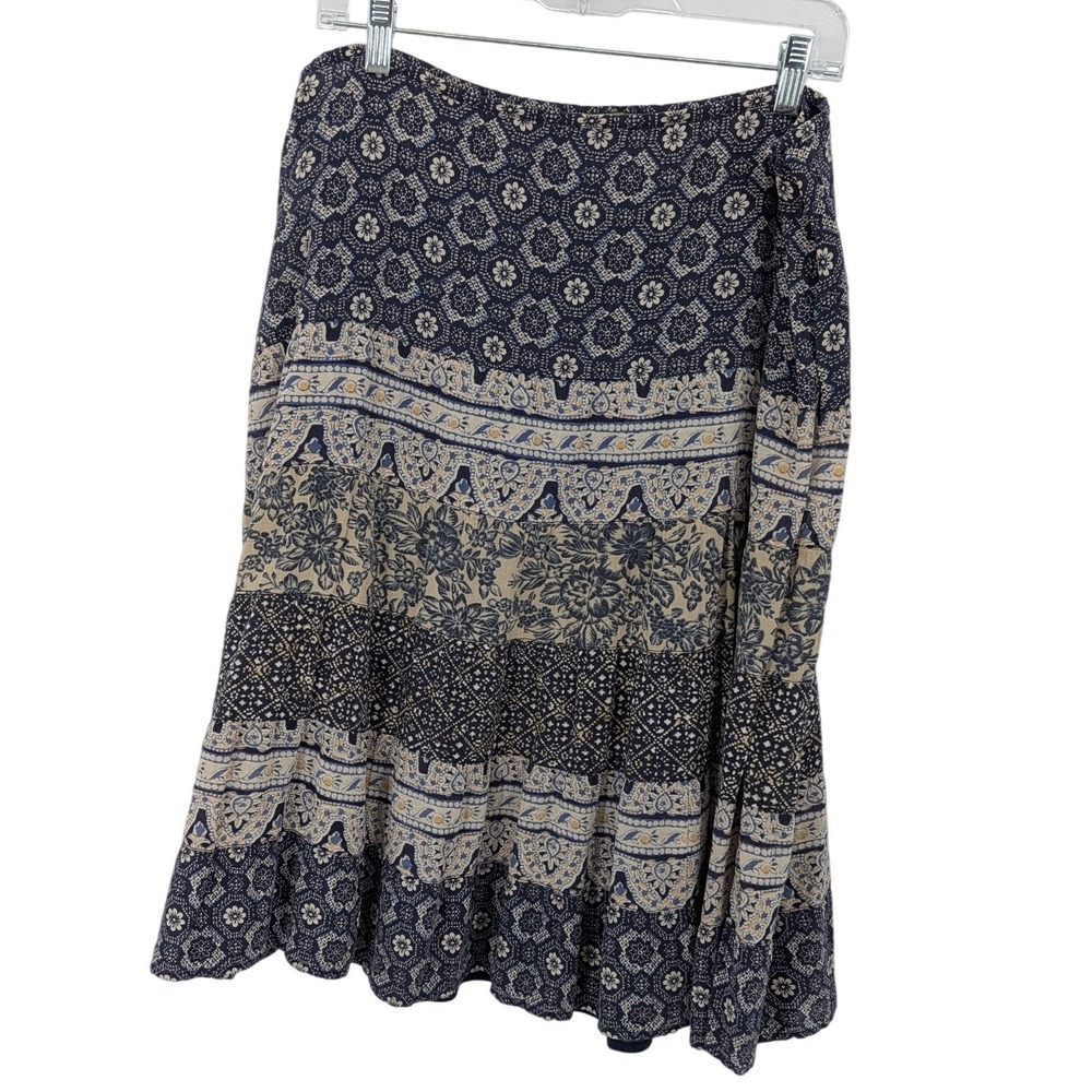 Eddie Bauer Skirt Women 14 Blue Floral Tiered Boho Midi Cotton Lined Cottagecore